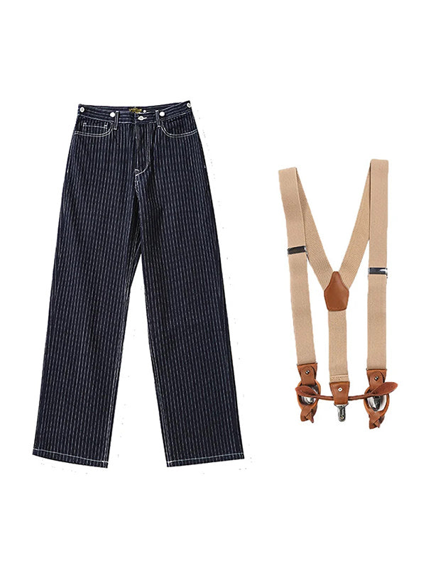 Men's Vintage Striped Straight Denim Suspender Overalls
