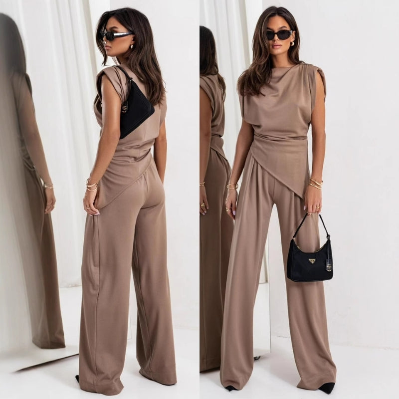 Women's Elegant Smart Casual Set: Relaxed Fit Waist-Length Top & High-Waisted Pleated Palazzo Pants