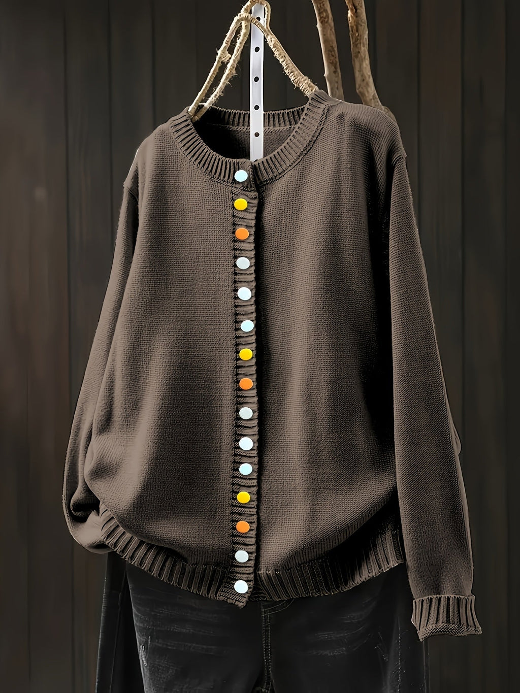 Cozy Button Cardigan – Soft Everyday Layering Essential Brown One Size