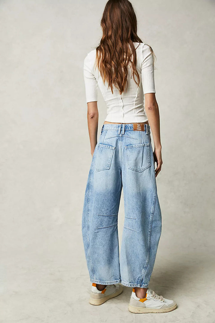 High-Stretch Mid-Rise Barrel Jeans-MODAUTLET