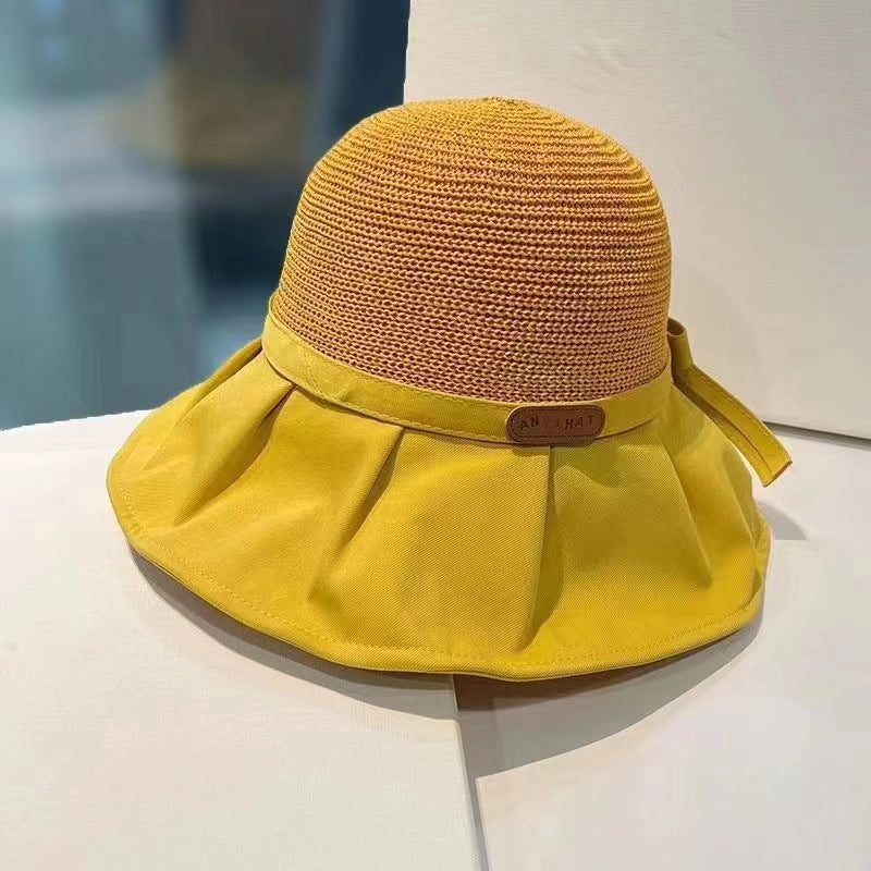 Summer Straw Bow Fisherman Hat with Large Brim for UV Protection