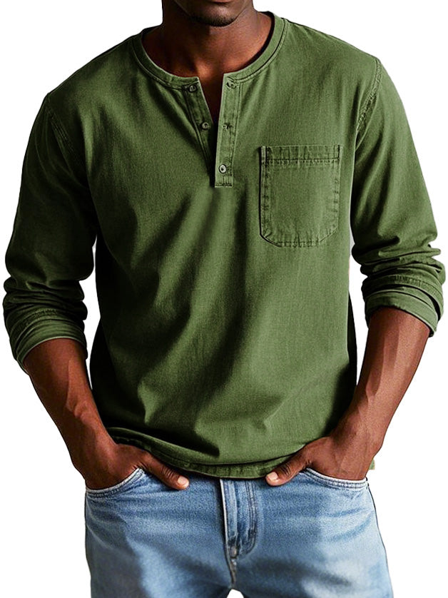 Men's Long Sleeve Henley Shirt with Chest Pocket