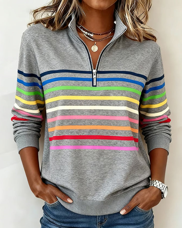 Arcadia | Sweat-shirt pour femme avec demi-fermeture éclair et rayures arc-en-ciel
