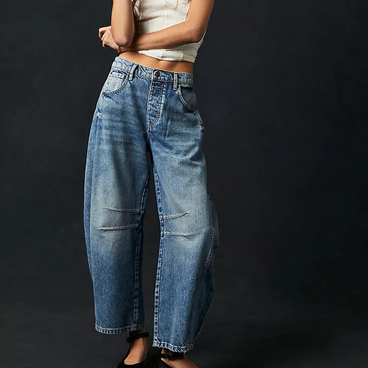 High-Stretch Mid-Rise Barrel Jeans-MODAUTLET
