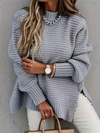 Women’s Knitted Sweater with Side Slit – Cozy Casual Knit Pullover Grey