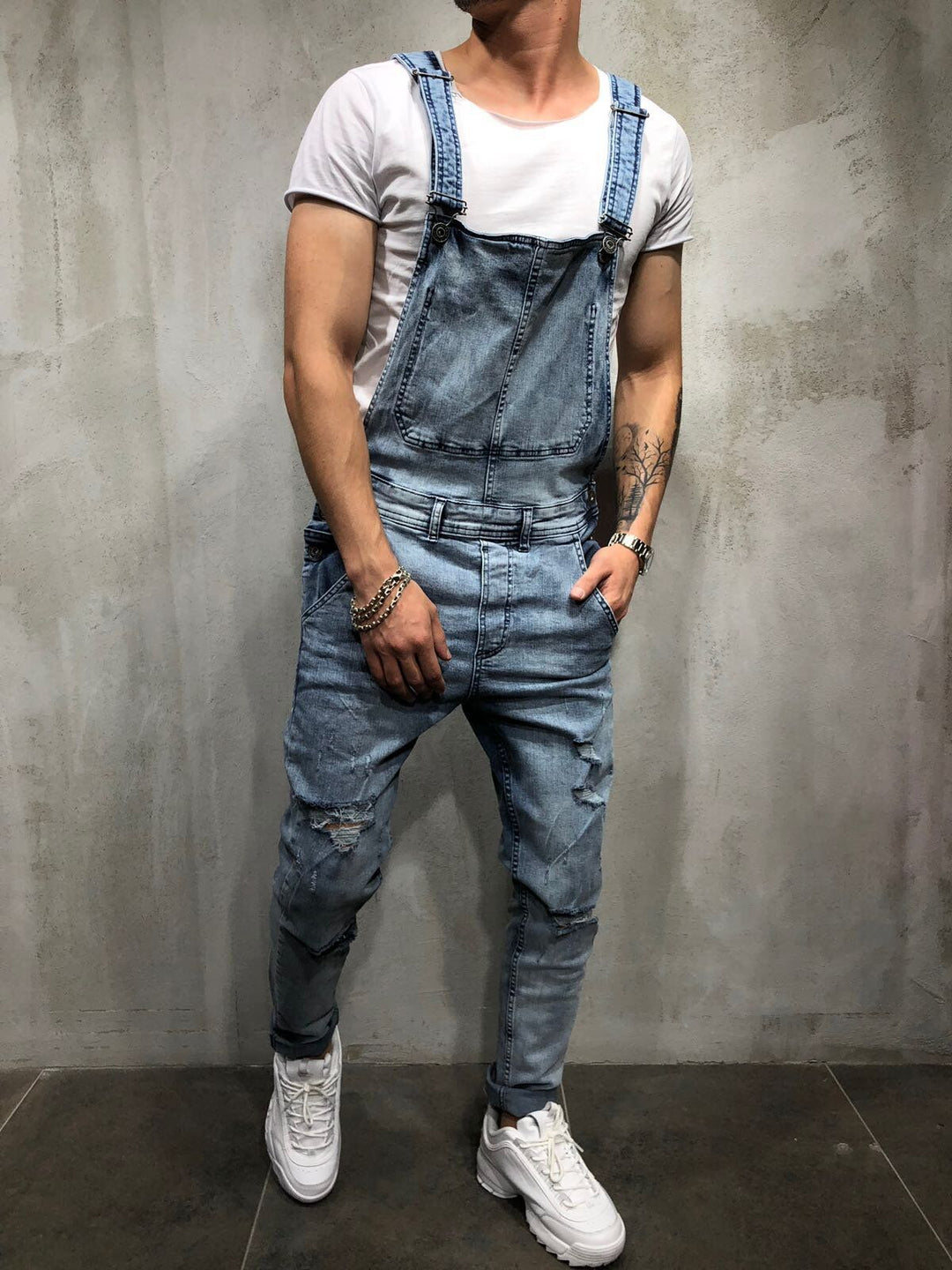 Men's Distressed Skinny Fit Denim Overalls