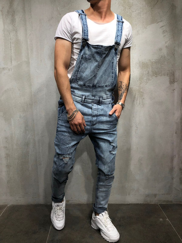 Men's Distressed Skinny Fit Denim Overalls