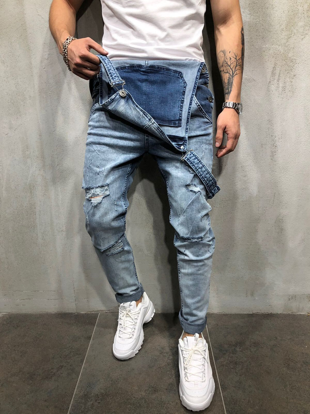 Men's Distressed Skinny Fit Denim Overalls
