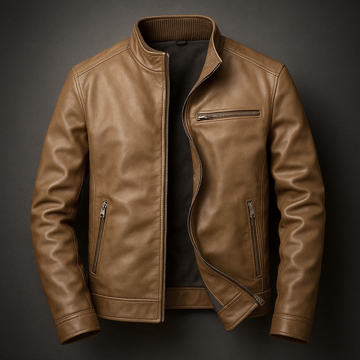 Veste pour homme en cuir avec col bordé de velours côtelé