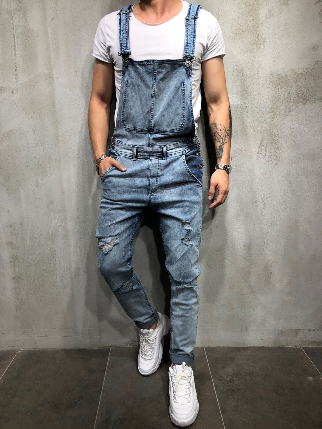 Men's Distressed Skinny Fit Denim Overalls