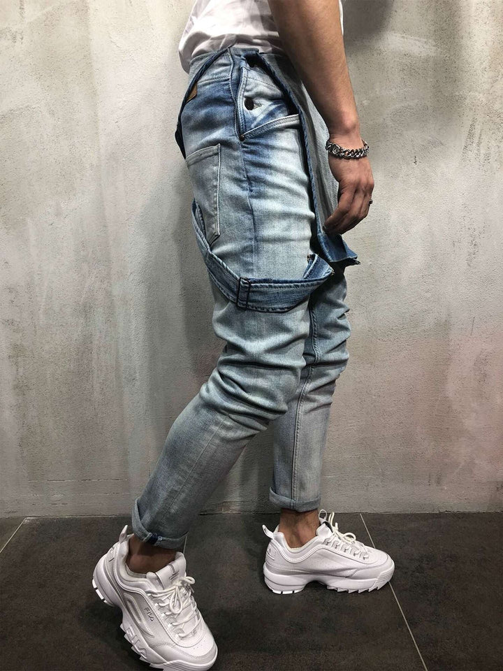 Men's Distressed Skinny Fit Denim Overalls