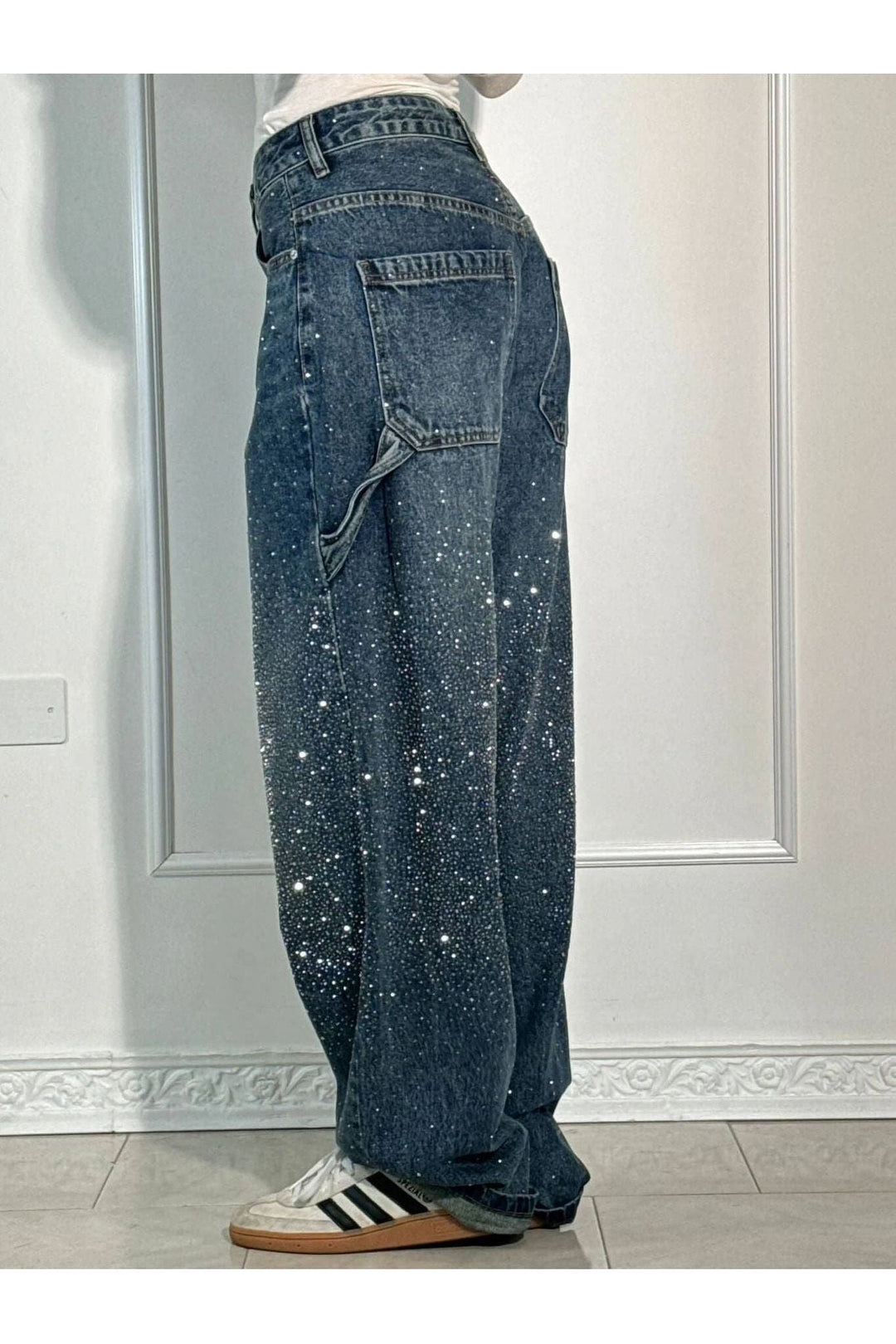 Rhinestone Wide Leg Jeans Sparkling Denim Glam Fashion-MODAUTLET