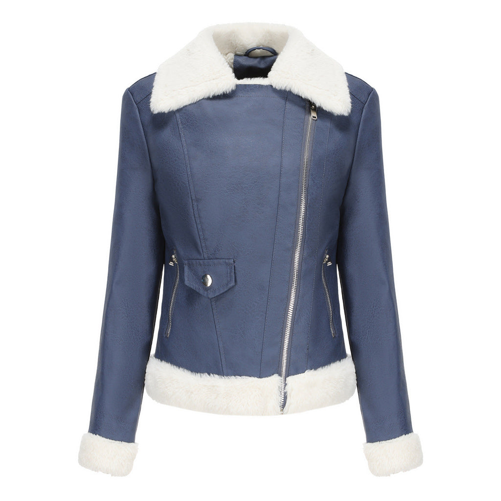 Womens Eco Leather Winter Jacket With Plush Fleece Lining Royal blue