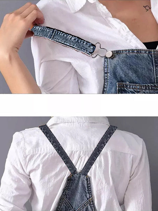 Dame denim-overallskjole med slidte detaljer og slids bagpå