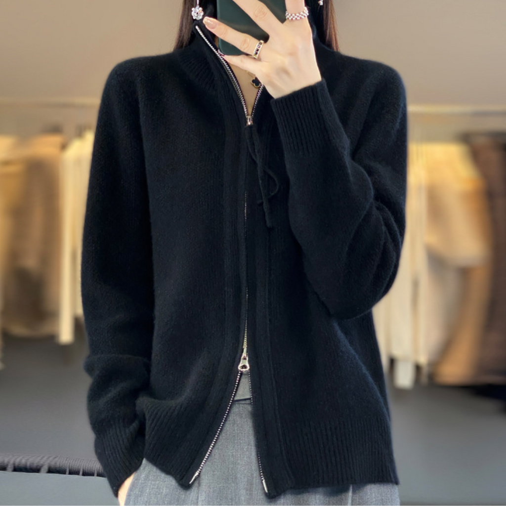 Cozy Wool Cashmere Zip Cardigan Black