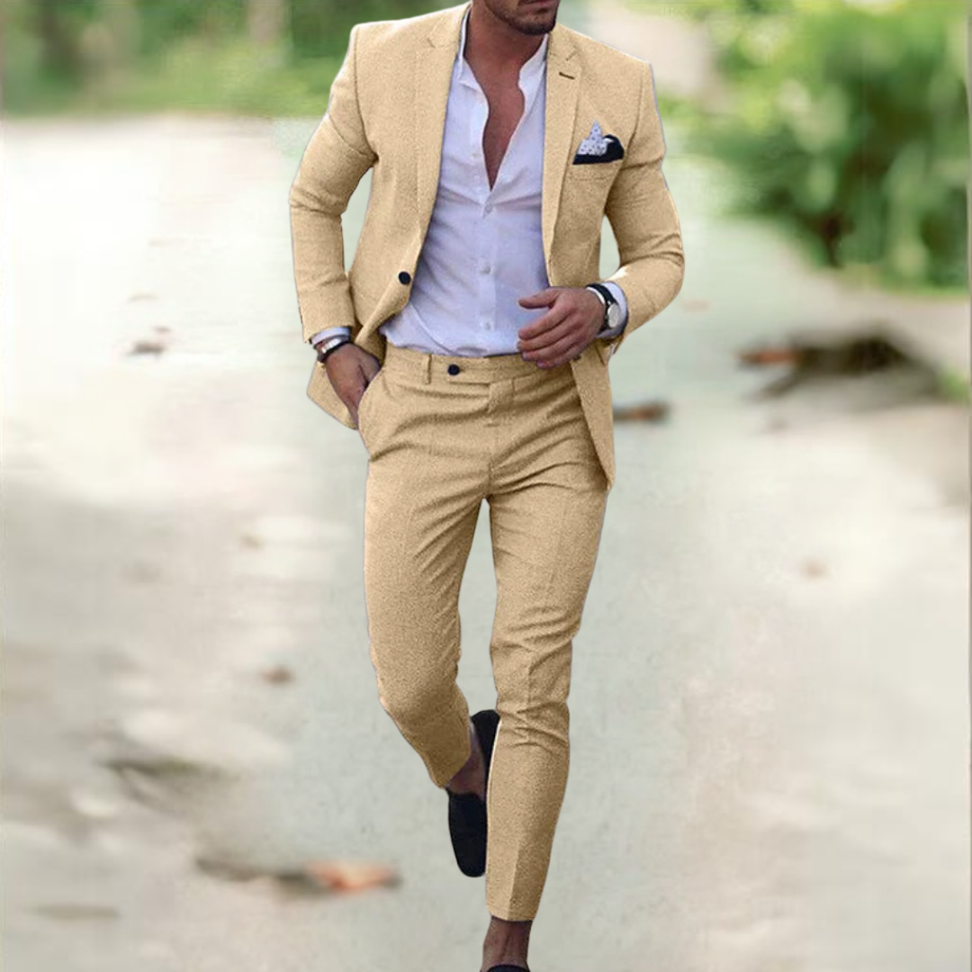 Breathable Linen Suit For Men Summer Two Piece Outfit Yellow