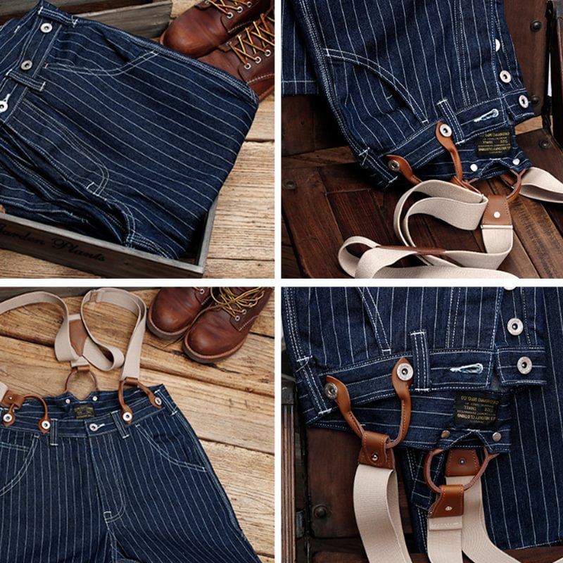 Men's Vintage Striped Straight Denim Suspender Overalls
