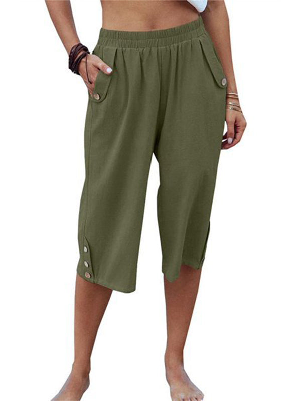 Women's Casual Cotton Elastic Waist Capris