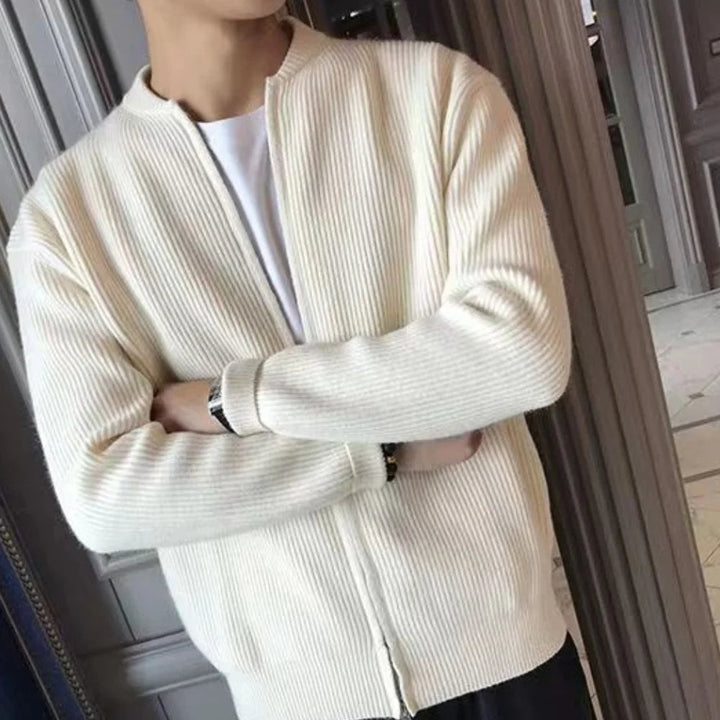 Men's Ribbed Zip-Front Cardigan with Relaxed Fit Beige