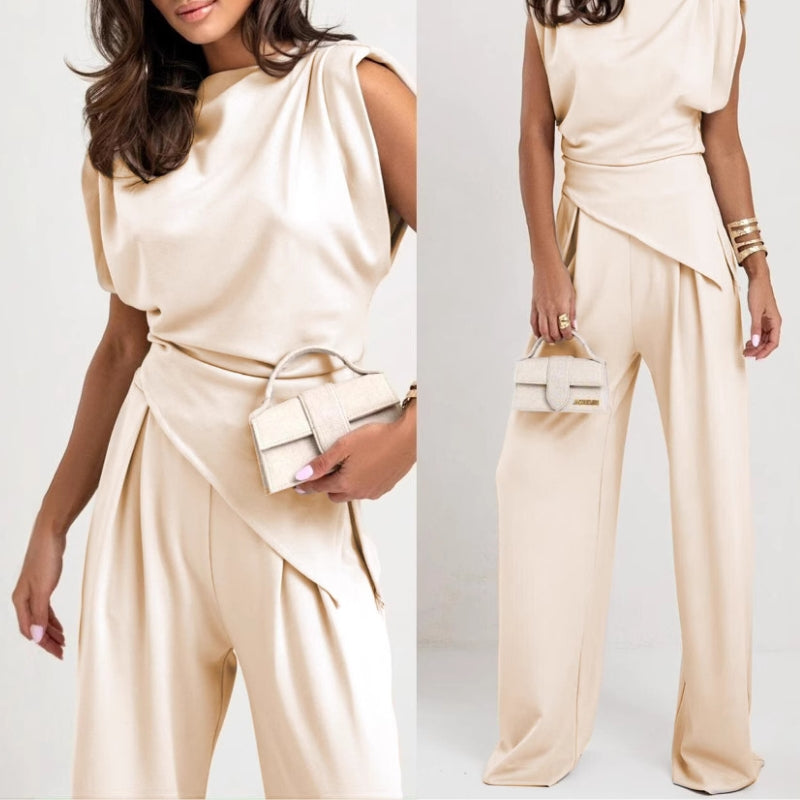 Women's Elegant Smart Casual Set: Relaxed Fit Waist-Length Top & High-Waisted Pleated Palazzo Pants