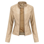 Womens Slim Leather Jacket Lightweight Casual Fashion Apricot