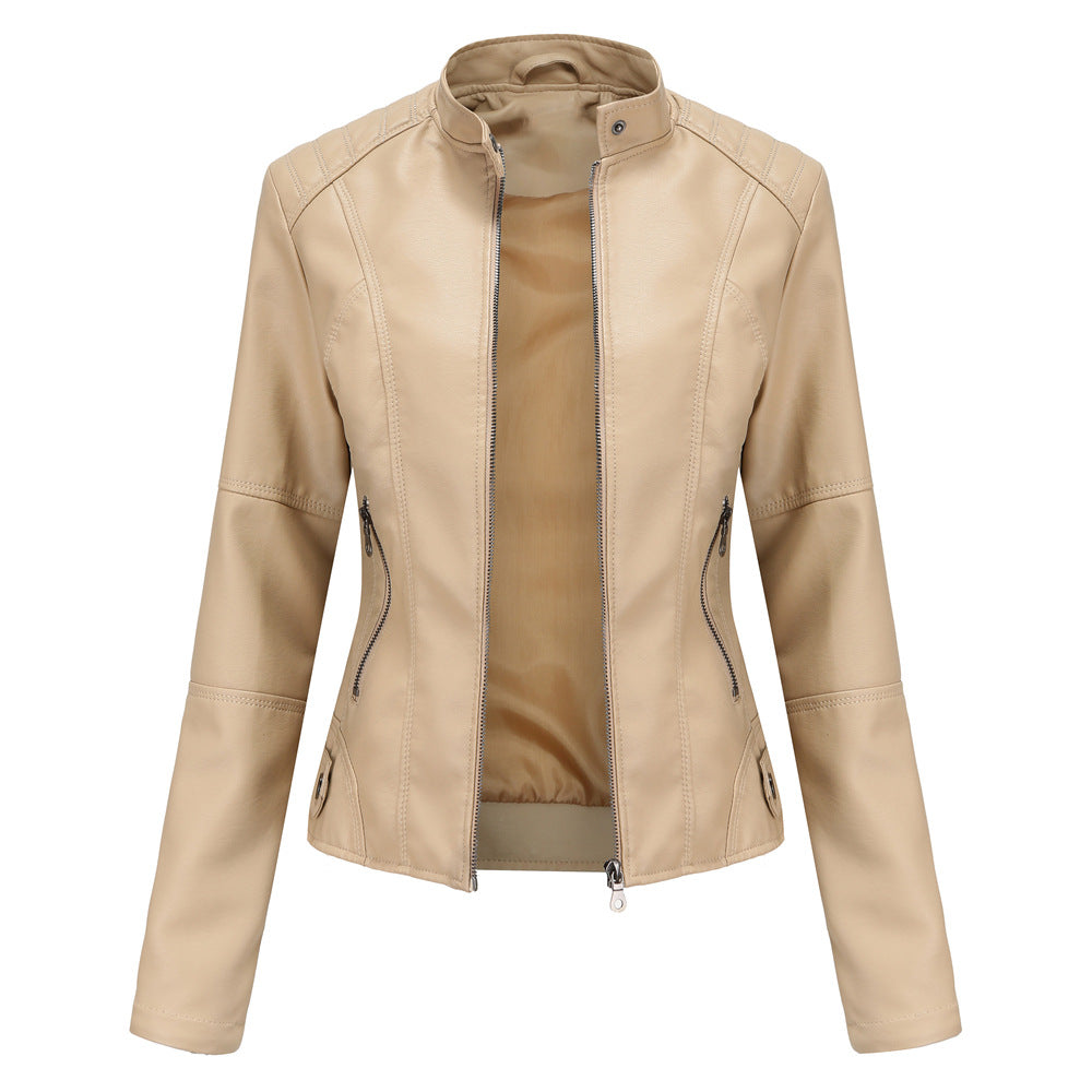 Womens Slim Leather Jacket Lightweight Casual Fashion Apricot