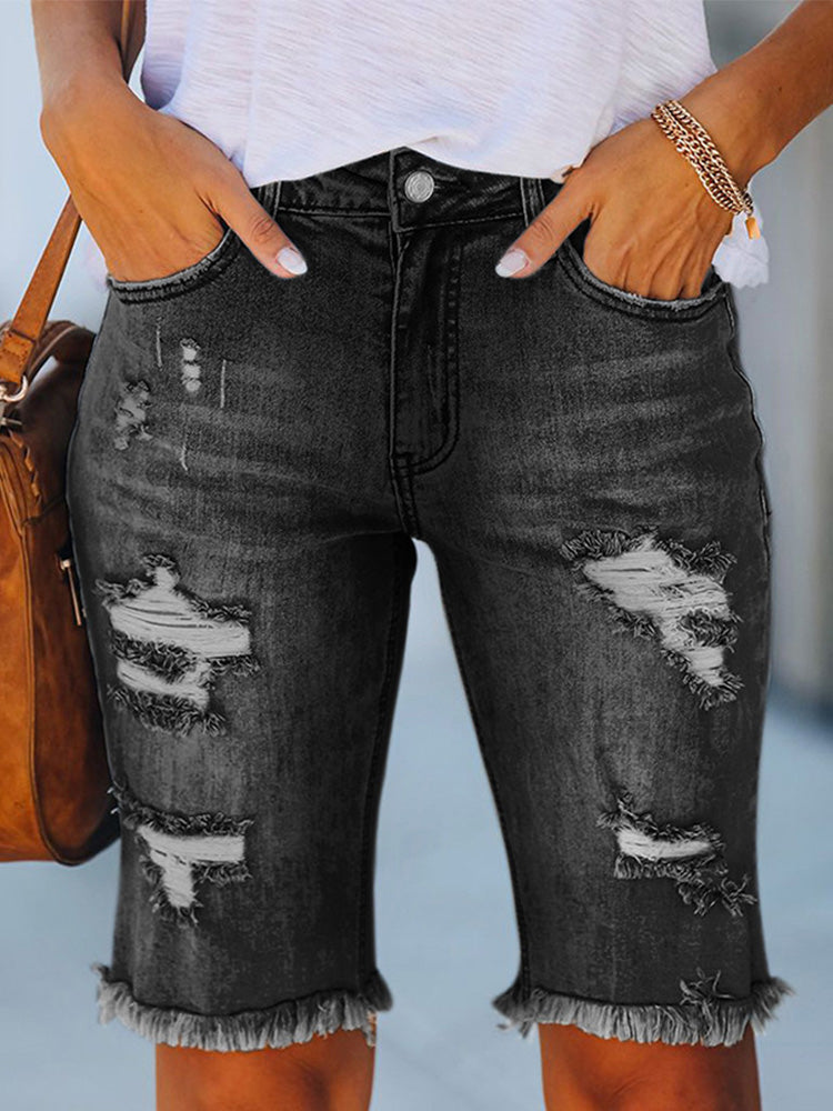 Women's Distressed Ripped Raw Hem Stretchy Denim Shorts