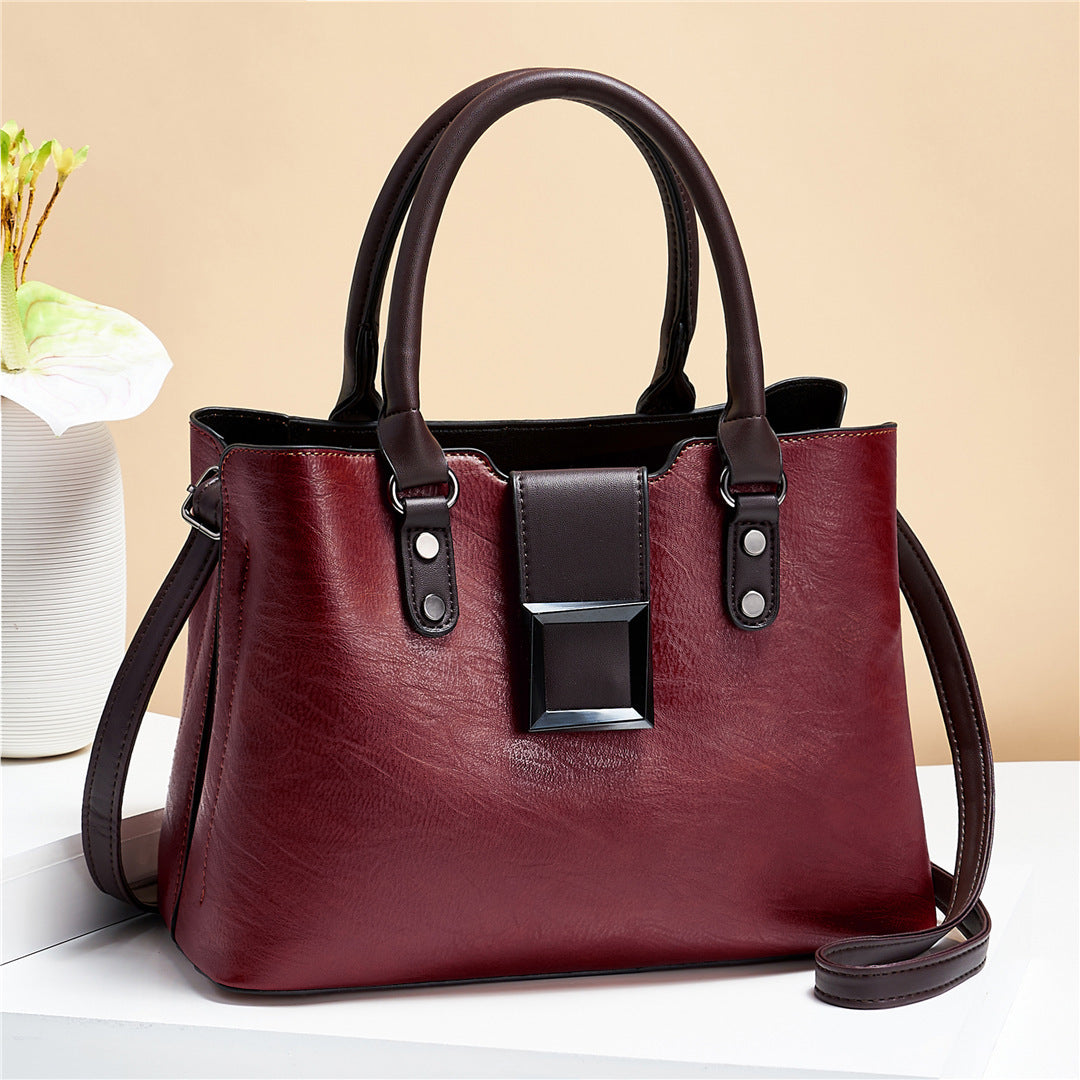 Spacious PU Leather Tote Bag With Large Buckle For Women Red