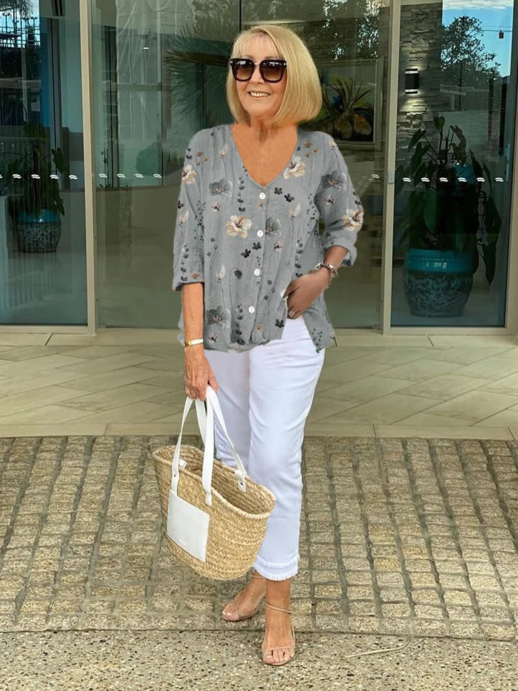 Women's Floral Vintage French Blouse Gray