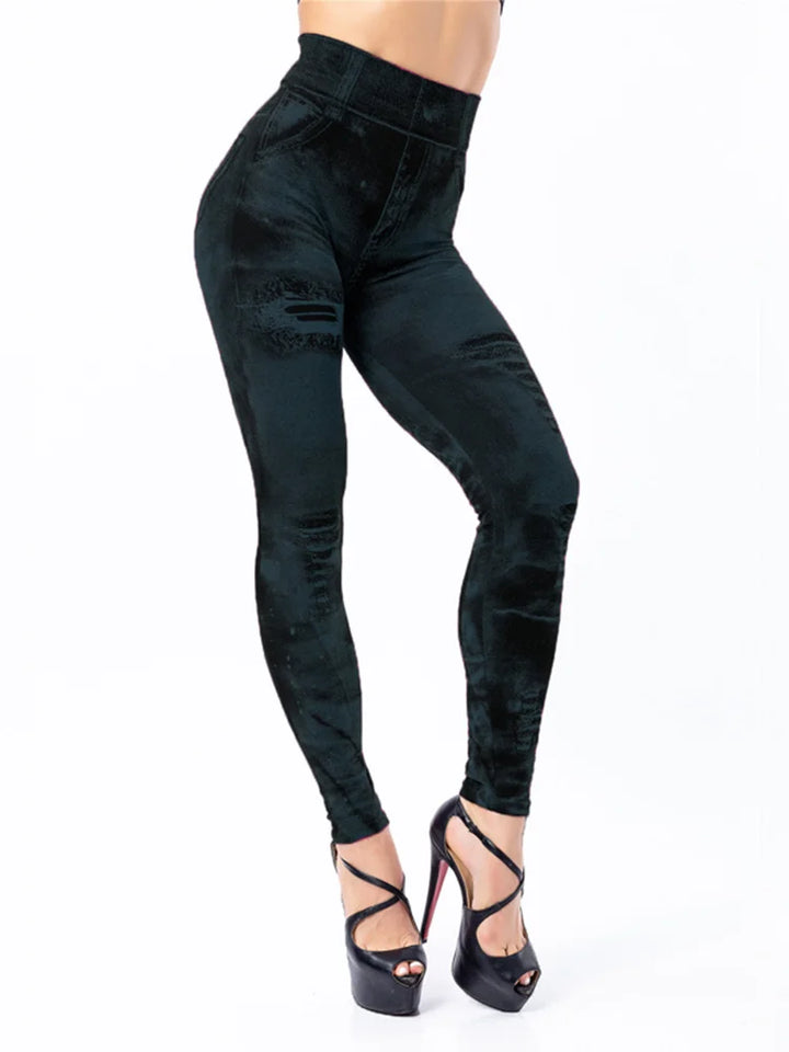 Women's High Waisted Stretch Leggings Imitation Jeans for Casual Wear Black