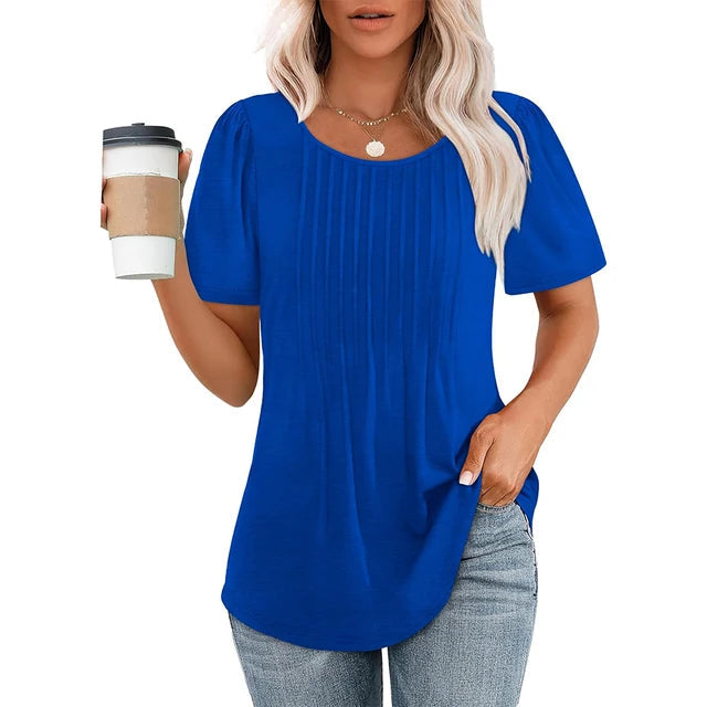 Adaeze | Women's Short Sleeve Pleated Round Neck Blouse Blue