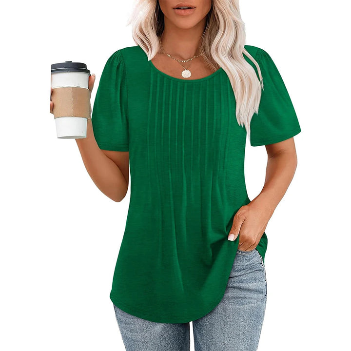 Adaeze | Women's Short Sleeve Pleated Round Neck Blouse Green