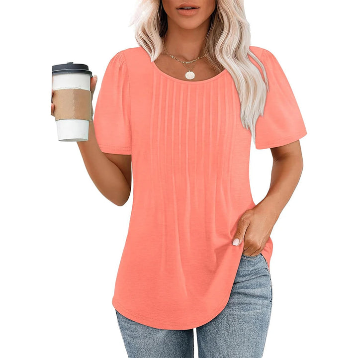 Adaeze | Women's Short Sleeve Pleated Round Neck Blouse Pink