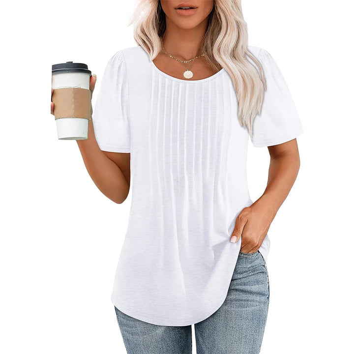 Adaeze | Women's Short Sleeve Pleated Round Neck Blouse White