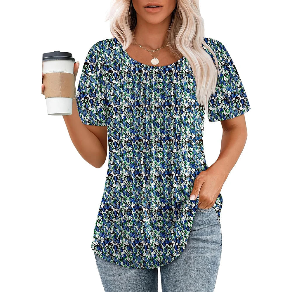Adaeze | Women's Short Sleeve Pleated Round Neck Blouse Floral Blue