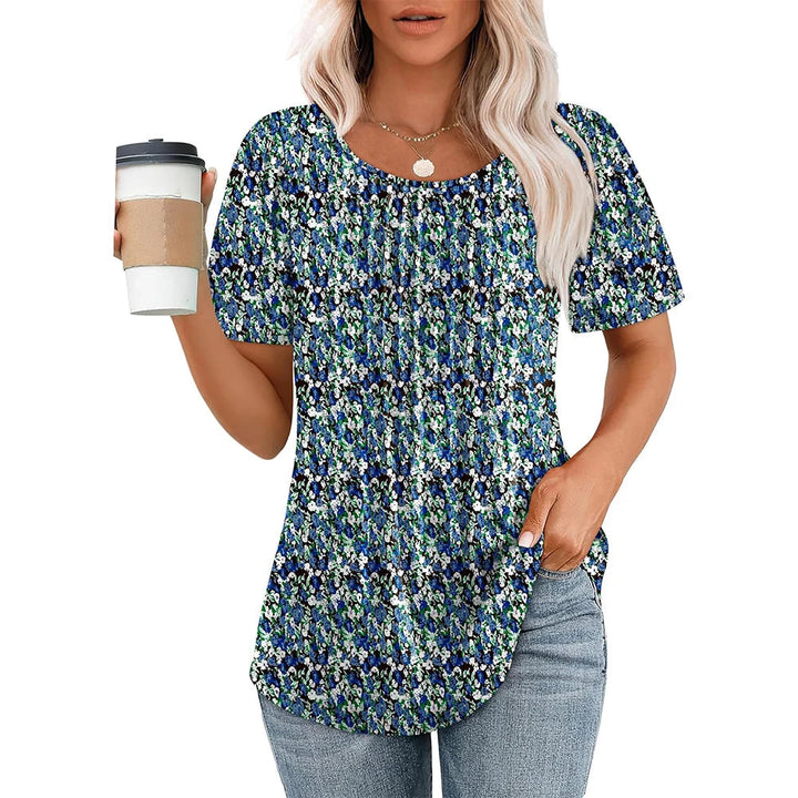 Adaeze | Women's Short Sleeve Pleated Round Neck Blouse Floral Blue