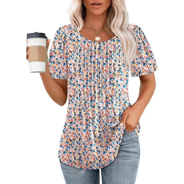 Adaeze | Women's Short Sleeve Pleated Round Neck Blouse Floral Pink