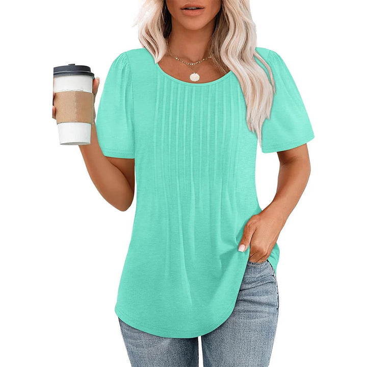 Adaeze | Women's Short Sleeve Pleated Round Neck Blouse Light Green