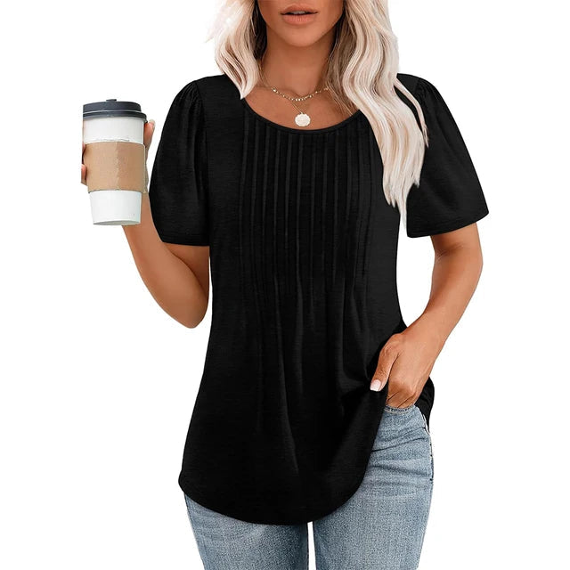 Adaeze | Women's Short Sleeve Pleated Round Neck Blouse Black