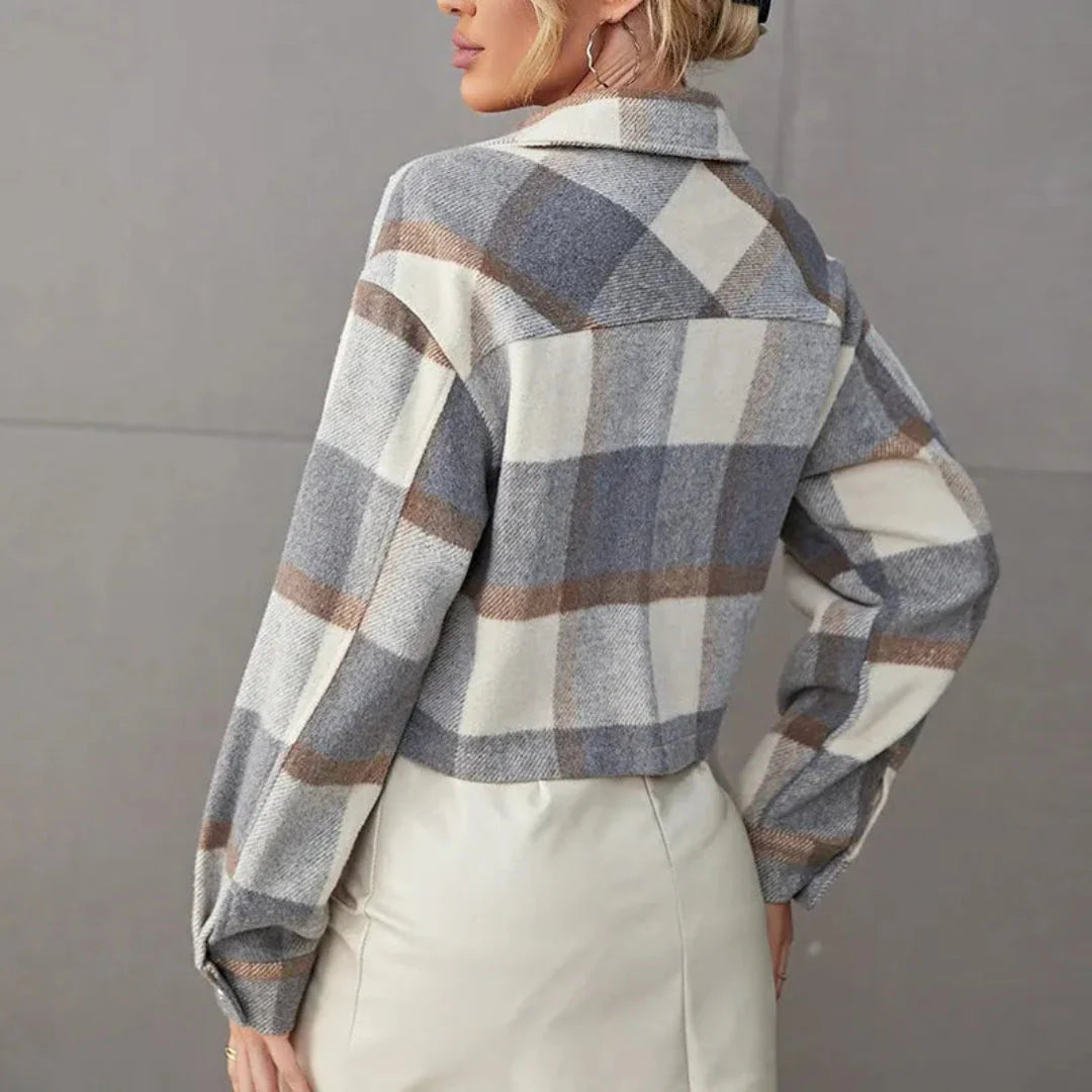 Cropped Plaid Button-Up Jacket-MODAUTLET