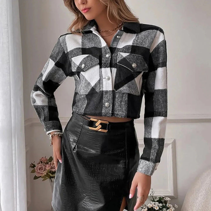 Cropped Plaid Button-Up Jacket-MODAUTLET