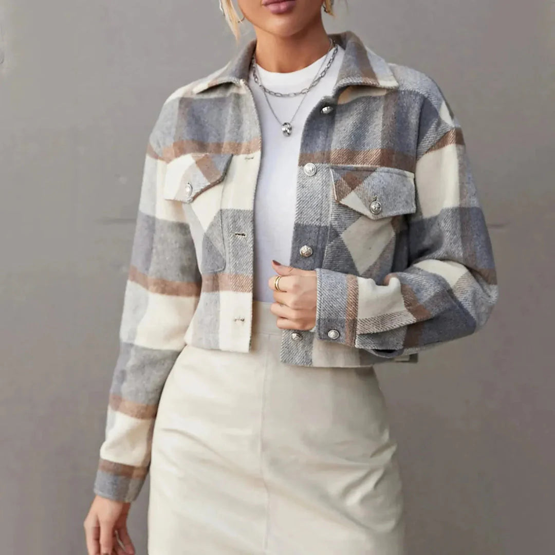 Cropped Plaid Button-Up Jacket-MODAUTLET