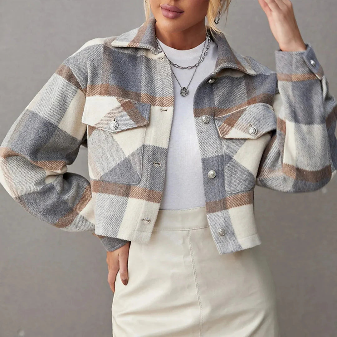 Cropped Plaid Button-Up Jacket-MODAUTLET