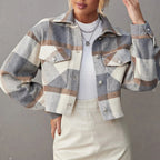 Cropped Plaid Button-Up Jacket Gray