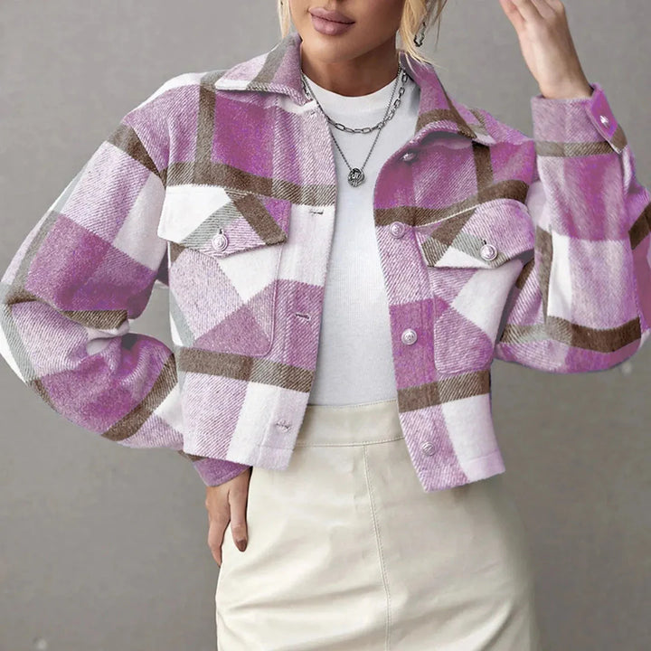Cropped Plaid Button-Up Jacket-MODAUTLET