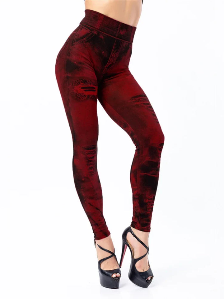 Women's High Waisted Stretch Leggings Imitation Jeans for Casual Wear Wine Red