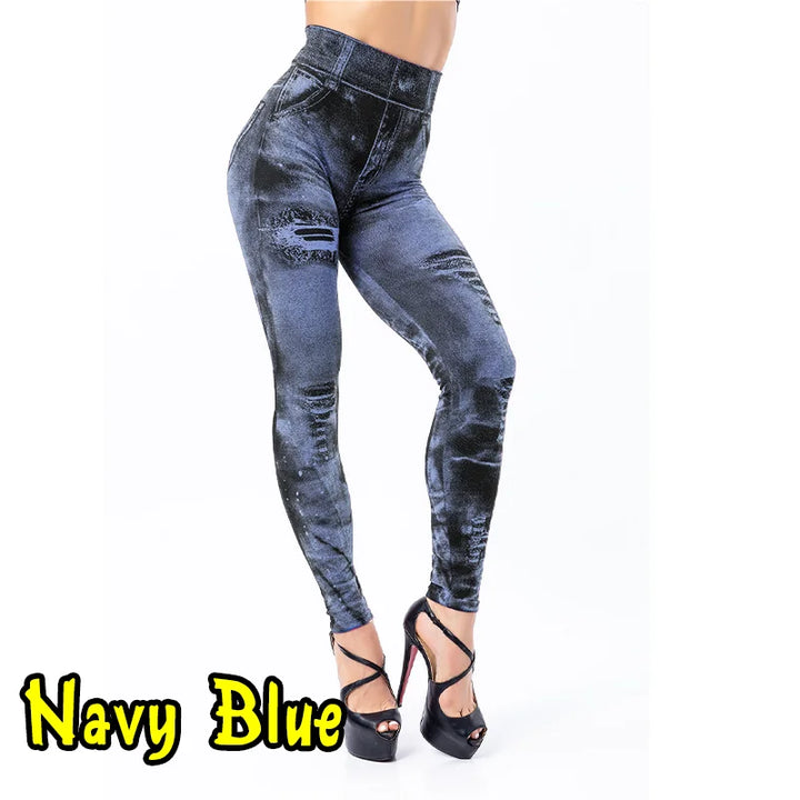 Women's High Waisted Stretch Leggings Imitation Jeans for Casual Wear Navy Blue