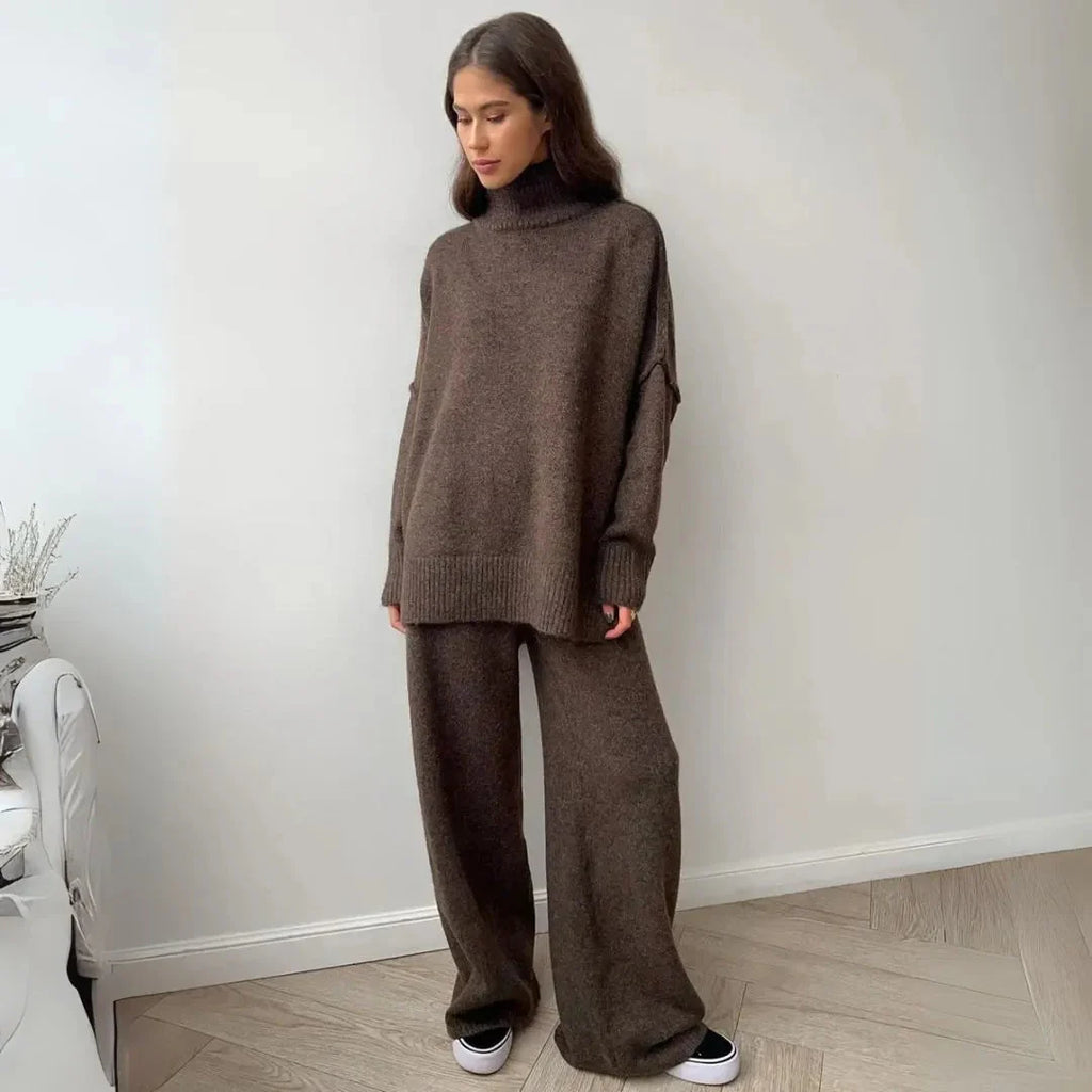 Cozy Turtleneck Knit Lounge Set Brown