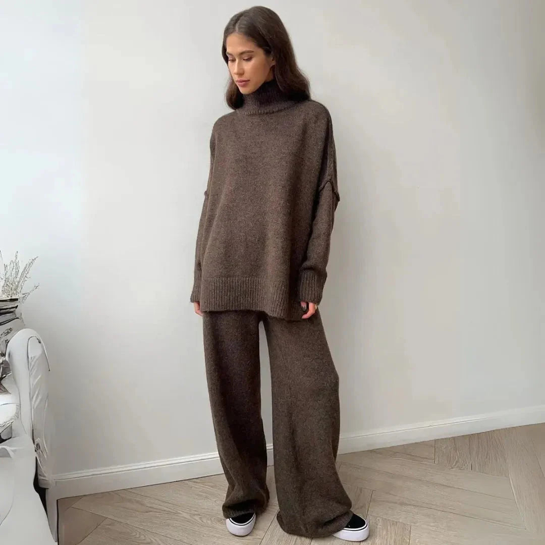 Cozy Turtleneck Knit Lounge Set Brown