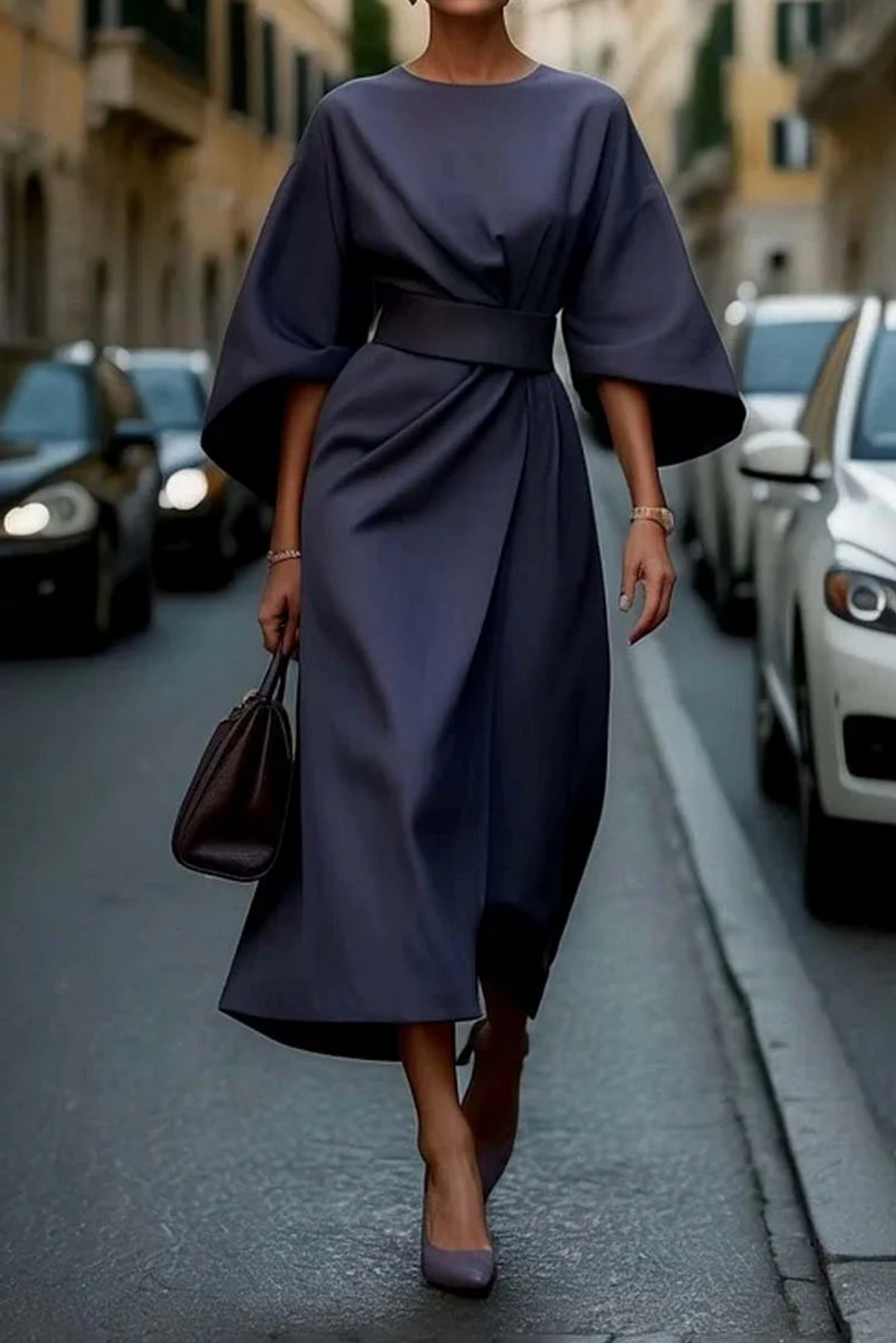 Alice | Women's Flowy Belted Midi Dress for Events Navy Blue
